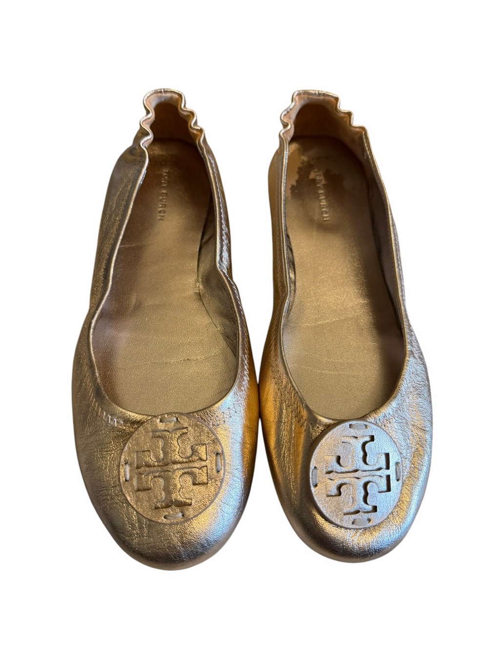Tory Burch Rose Gold Minnie Ballet Leather Logo Shoes Flats Size 8